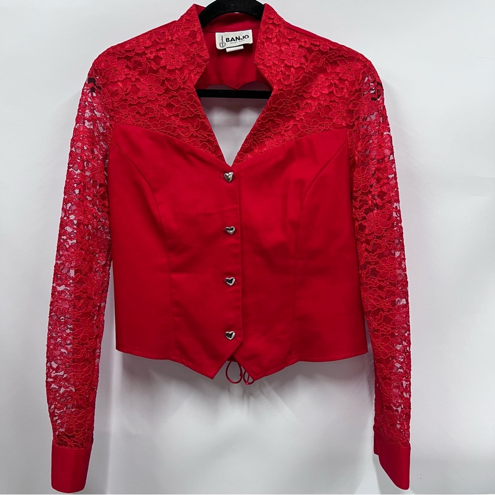 Vintage M Red Lace long sleeve western Women's hear shape button up top 90’s